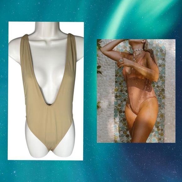 Dippin’ Daisy’s Sexy Beige Euphoria High Cut V Plunge One Piece Swimsuit - Picture 1 of 9